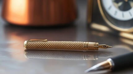 Naklejka premium A fashionable gold tie clip with a textured pattern resting on a sleek desk, orange tones