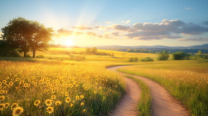 Obraz premium Golden sunflowers lining a winding dirt path leading through a vibrant green meadow at sunset against a blue sky.