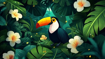 Colorful Toucan Perched Among Lush Green Tropical Vegetation Flowers