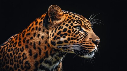 Obraz premium A focused shot of a leopard's face, light illuminating the spots against a black backdrop