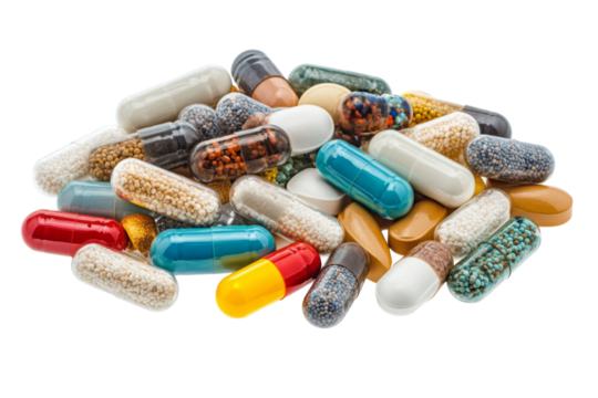 Colorful assorted capsules on transparency background png format white for design and health projects