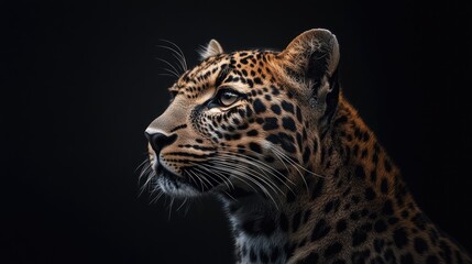 Fototapeta premium A full profile of a leopard with sharp details against the darkness of the black background