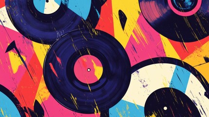 Colorful Vinyl Records with Abstract Background in Artistic Design