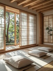 Naklejka premium A natural light room with three large pillows on the floor