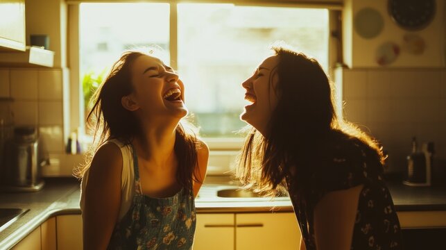 Two friends share a moment of joy with unrestrained laughter in a sunlit kitchen