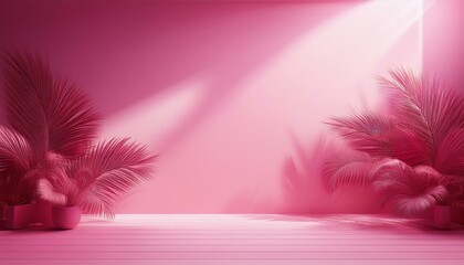 Obraz premium abstract pink color gradient studio background for product presentation empty room with shadows of window and flowers and palm leaves 3d room with copy space summer concert blurred backdrop