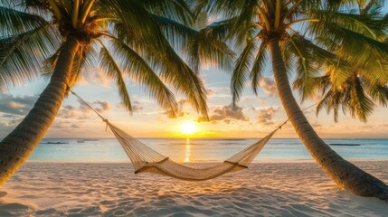 A hammock tied between palm trees on a white sand beach at sunset