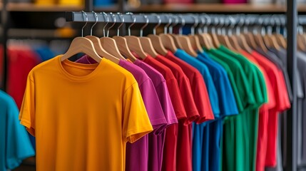 Obraz premium A row of brightly colored plain t shirts hanging on racks in a blurred contemporary clothing store interior showcasing a collection of casual trendy apparel in a modern shopping atmosphere
