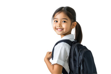 Happy schoolgirl with backpack transparent background png smiling on white lifestyle concept