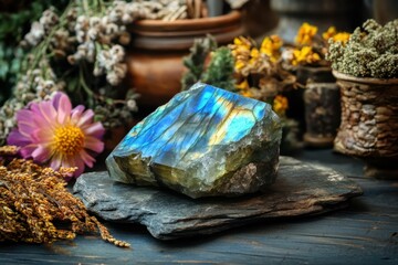 Labradorite Crystal: Healing Powers of Antique Stone on Wiccan Altar