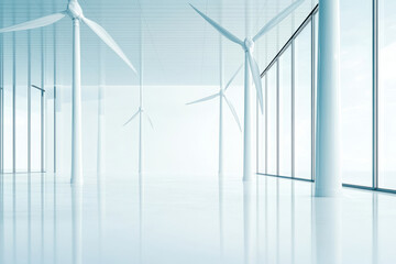 Wind turbines in modern indoor space with glass walls