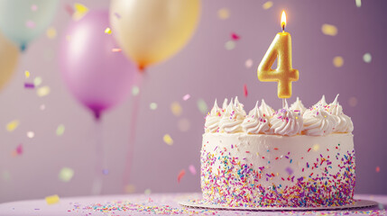 Birthday celebration with a decorated cake, balloons, confetti and number four candle. Fourth anniversary concept