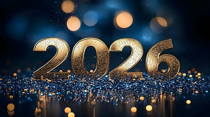 Bright and Shimmering of Golden 2026 Number with Sparkling Blue Festive Scene Celebrating the Upcoming New Year Holiday