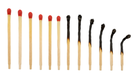 Isolated Progression of Matches from Unlit to Fully Burned, Representing Life Cycle and Transformation