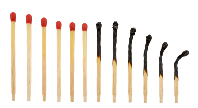 Isolated Progression of Matches from Unlit to Fully Burned, Representing Life Cycle and Transformation