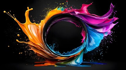 Captivating abstract composition of vivid liquid paint waves colliding and exploding with dynamic energy on a dramatic black canvas creating a striking visual display of color motion and flair