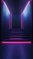 Neon-lit staircase leads to a darkened space with vibrant lights in an urban setting