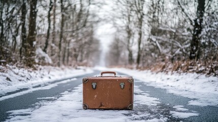 Naklejka premium A lonely suitcase on an icy winter road with snow-covered trees around