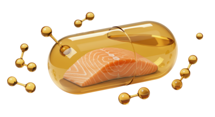 Isolated Golden Capsule with Salmon Slice and Molecule Structures
