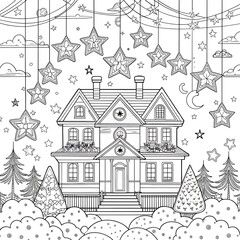 Naklejka premium Coloring page, country house and garden, white background, black line art