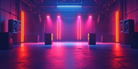 Colorful lights illuminate a spacious music venue awaiting an electrifying performance by talented artists and eager fans
