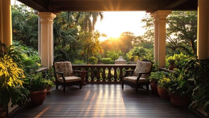Obraz premium Portico sunlit garden view, tranquil scene, inviting porch