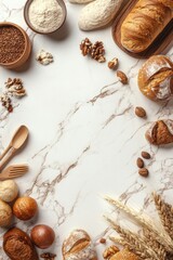 Rustic Baking Still Life Fresh Bread Flour Grains and Nuts on Marble Background Overhead Shot Warm Tones Culinary Concept for Food Bloggers and Bakers
