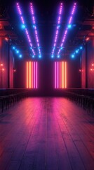 Colorful lighting creates an energetic atmosphere in a lively performance venue during the night