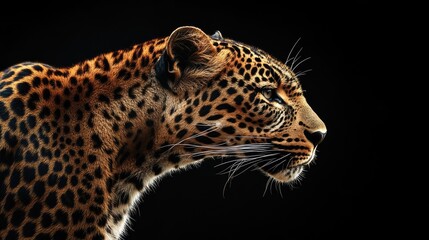 Fototapeta premium A majestic side view of a leopard in profile with detailed fur patterns against a black backdrop