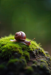 Snail gliding over a moss covered rock