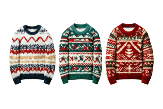 Festive christmas sweaters collection transparent background png stylish winter attire high-quality images - Powered by Adobe