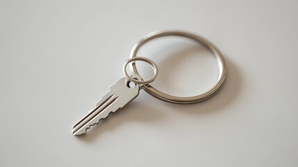 A minimalist keychain with a small metal ring and a single key, displayed on a white surface
