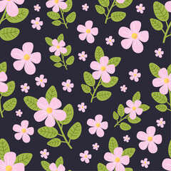 Floral pattern with pink flowers and green leaves on dark background. Cute vector flowers in botanical spring mood style. For prints, cards, wrapping paper.