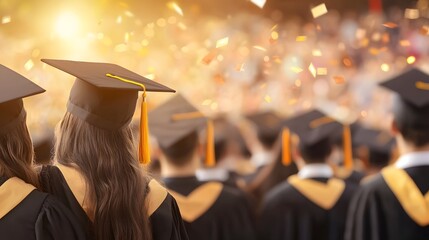 Obraz premium Elated University Graduates Embracing and Cheering Under Vibrant Confetti Shower on Festive Campus Background Celebrating Academic Achievements and Successful Graduation Ceremony