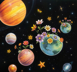 Naklejka premium Planets with flowers in a whimsical mood floating in space against a starry background