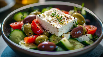  greek salad with fresh feta cheese and olives vibrant tomatoes and cucumbers healthy mediterranean