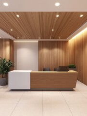 Modern interior design with a wooden reception desk