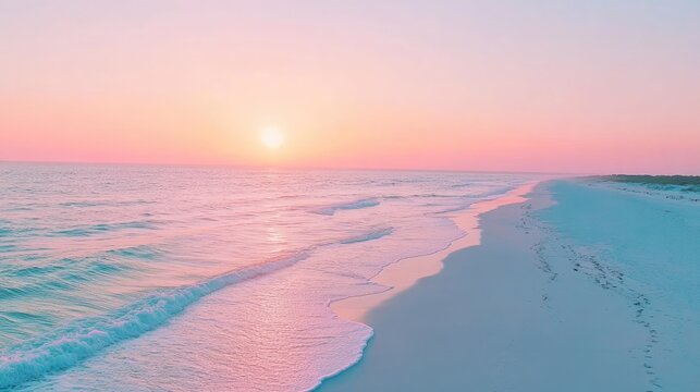 A misty sunset casting pastel hues over a peaceful white sand beach