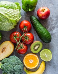 Variety of Fresh Healthy Products: Top View on a Grey Concrete Table
