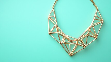 A modern geometric gold necklace displayed against a muted teal background