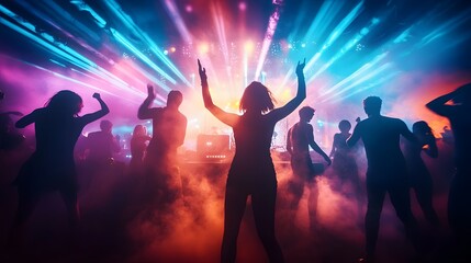 Energetic silhouetted figures grooving and dancing in a high energy club environment illuminated by flashing strobes colorful beams and vibrant lighting