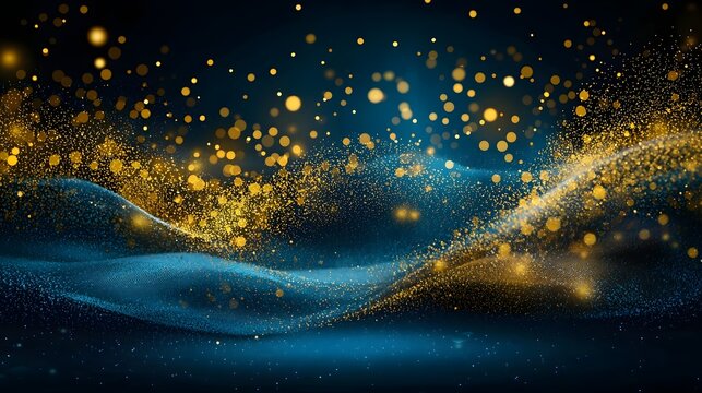 Ethereal and enchanting holiday backdrop featuring shimmering particles  radiant golden bokeh lights  and a deep blue and luxurious gold color palette