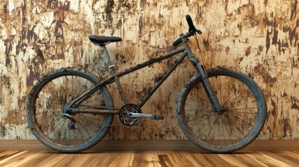 Fototapeta premium A mountain bike with dirt stains placed in front of a natural wood background