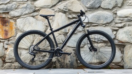 A mountain bike propped against a rugged stone wall with an industrial backdrop