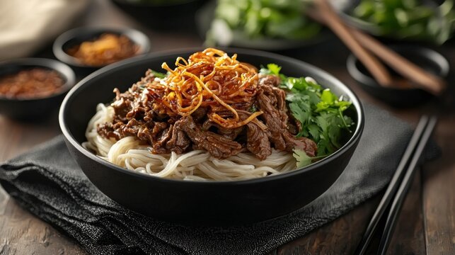 A bowl of Indonesian-style beef bakmi noodles with crispy shallots and sweet soy sauce. 