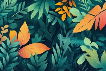 Lush foliage: Illustration of a vibrant jungle with a dense mix of leaves