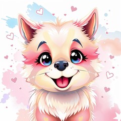 Fototapeta premium Adorable Smiling Puppy with Pastel Fur and Hearts on a Cute Background