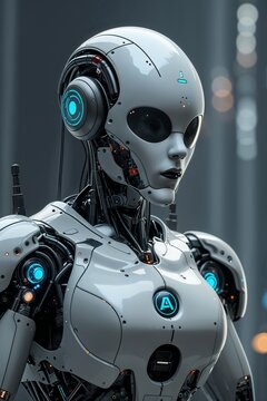 Sleek Futuristic Robot with Alien Features and Glowing Accents in a Cityscape