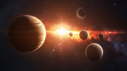 A mesmerizing view of planets orbiting a bright sun within a cosmic setting.