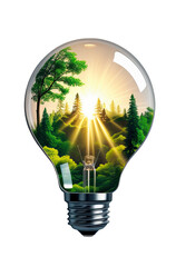 Energías limpias y renovables representadas a través de un foco o bombillo que en su interior tiene un ecosistema selvático. PNG.